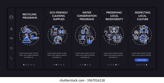 Green hotel features onboarding vector template. Responsive mobile website with icons. Web page walkthrough 5 step screens. Recycling programs color concept with linear illustrations