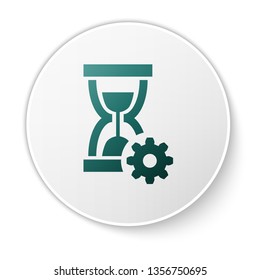 Green Hourglass and gear icon isolated on white background. Time Management symbol. Clock and gear icon. Productivity symbol. White circle button. Vector Illustration