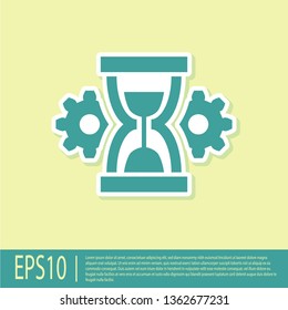 Green Hourglass and gear icon isolated on yellow background. Time Management symbol. Clock and gear icon. Productivity symbol. Vector Illustration