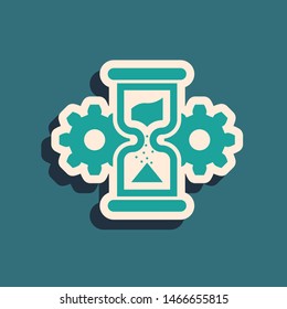 Green Hourglass and gear icon isolated on blue background. Time Management symbol. Clock and gear icon. Business concept. Long shadow style. Vector Illustration