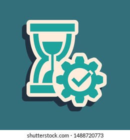 Green Hourglass and gear icon isolated on blue background. Time Management symbol. Clock and gear icon. Productivity symbol. Long shadow style. Vector Illustration