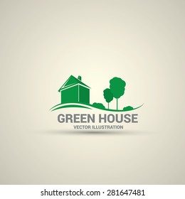 Green House Abstract Real Estate Countryside Logo Design Template. Realty Theme Icon. Building Vector Silhouette.