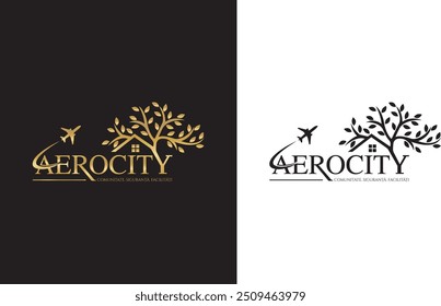 Green House Aerocity wordmark logo design. Green House Aerocity logo green leaf Real Estate logo, home with leaf and airplane  icon template. 