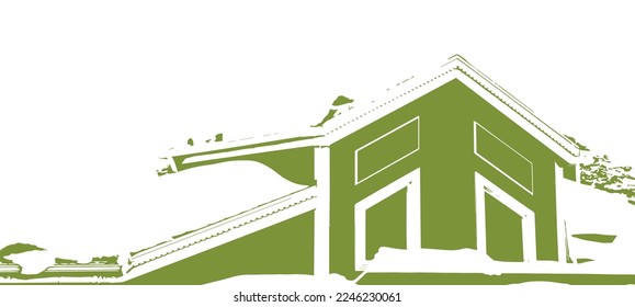 Green house or building in snow background. Illustration of a green house door deepens in white color of snow. Good template for design real estate project or greeting cards for welcoming new season.