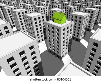 green „ecological“ house built on the top of block of flats,  surrounded by many grey blocks of flats