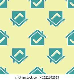 Green House with check mark icon isolated seamless pattern on yellow background. Real estate agency or cottage town elite class.  Vector Illustration