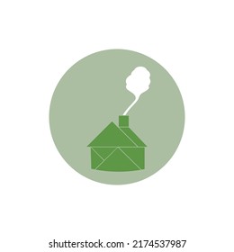 Green house with chimney, smoke from pipe. Rustic countryside dwelling icon. Concept and modern design of real estate and city building logo template.