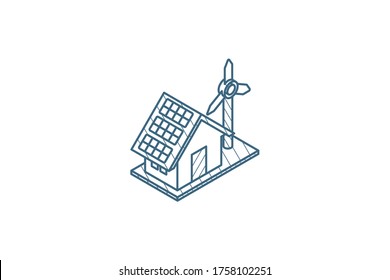 Green House Concept Ecological Equipment - Solar Cells And Wind Turbine Isometric Icon. 3d Vector Illustration. Isolated Line Art Technical Drawing. Editable Stroke