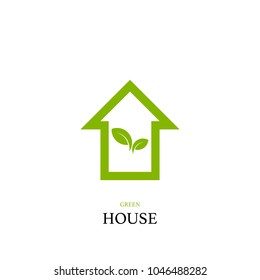 Green house concept with home and green leaf logo, vector design element