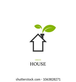 Green house concept with home and green leaf logo, vector design element