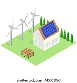 Green House concept. Isometric Eco Building. Alternative Energy. Sun Batteries on the roof. Wind turbine. Vector illustration.