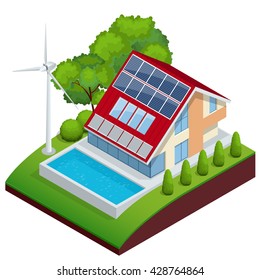 Green House concept. Isometric vector composition of small-house with ecological equipment solar cells and wind turbine.