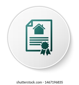 Green House contract icon isolated on white background. Contract creation service, document formation, application form composition. White circle button. Vector Illustration
