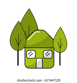 green house with door, roof and windows between of trees
