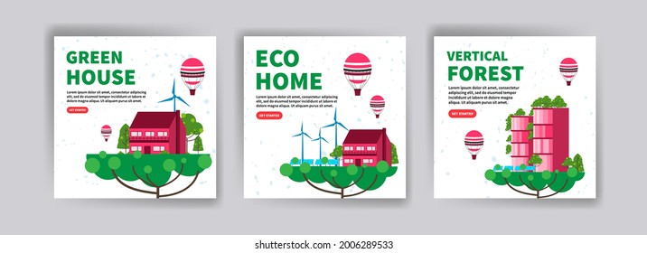 Green house. Eco-friendly house. Vertical forest. Ecology banners for website, social media posts, postcards, cards and backgrounds.