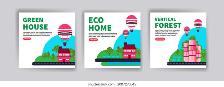 Green house. Eco-friendly house. Vertical forest. Ecology banners for website, social media posts, postcards, cards and backgrounds.