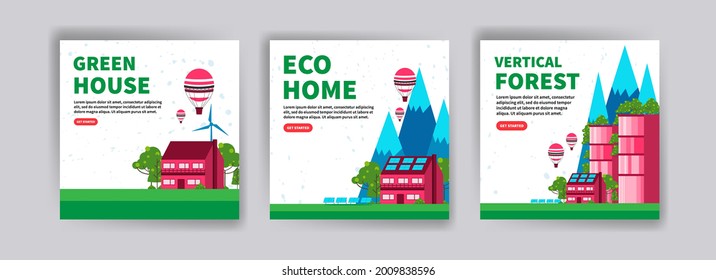 Casa verde. Casa ecológica. Bosque vertical. Banners ecológicos para sitios web, publicaciones en medios sociales, postales, tarjetas y fondos.