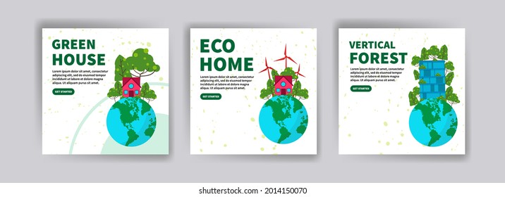 Green house. Eco-friendly house. Vertical forest. Ecology banners for website, social media posts, postcards, cards and backgrounds.