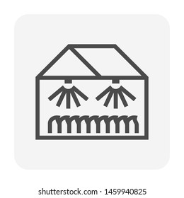 Green house and farm vector icon. For home food, fruit and vegetable production and gardening. Include water sprinkler sprayer technology system inside. For spray moisture to plant, seed and seedling.