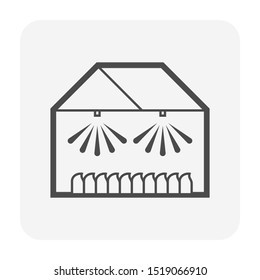 Green house and farm vector icon. For home food, fruit and vegetable production and gardening. Include water sprinkler sprayer technology system inside. For spray moisture to plant, seed and seedling.