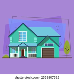 Green house with garage vector illustration. Home, countryside, country mansion. Suburban houses concept. Vector illustration can be used for topics like architecture, construction, building