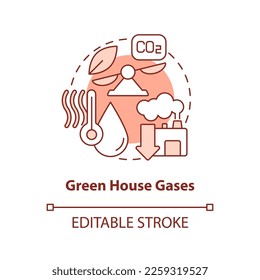 Green house gases red concept icon. Plant emissions. Geothermal energy disadvantage abstract idea thin line illustration. Isolated outline drawing. Editable stroke. Arial, Myriad Pro-Bold fonts used