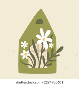 Green house growing flowers, home gardening illustration. Organic and nature inspired product concept art.