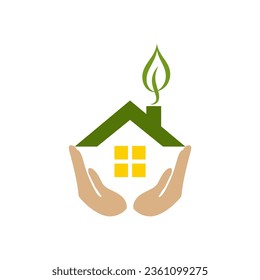Mano verde en las manos y plantilla de logotipo de hoja