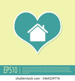 Green House with heart shape icon isolated on yellow background. Love home symbol. Family, real estate and realty.  Vector Illustration