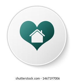Green House with heart shape icon isolated on white background. Love home symbol. Family, real estate and realty. White circle button. Vector Illustration
