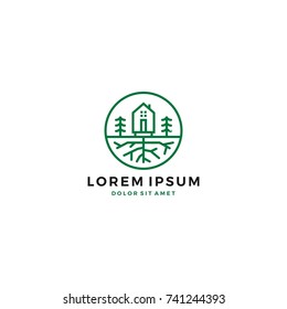 A green house home with a pine tree root,  logo or icon template