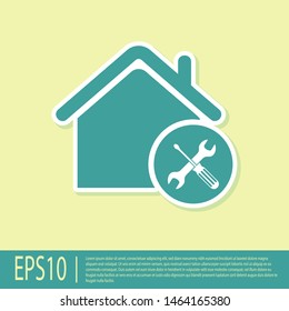 Green House or home with screwdriver and wrench icon isolated on yellow background. Adjusting, service, setting, maintenance, repair, fixing.  Vector Illustration