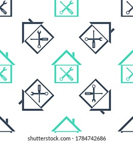 Green House or home with screwdriver and wrench icon isolated seamless pattern on white background. Adjusting, service, setting, maintenance, repair, fixing. Vector.