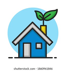 Green House Icon Filled Line Style. Home Nature Vector Illustration. House Eco Friendly Logo Symbol Sticker. Innovation Icon For Web and Print Template