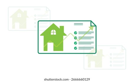 Icono de casa verde en un documento con viñetas, que representa información y datos de bienes raíces, propiedades o mejoras para el hogar.