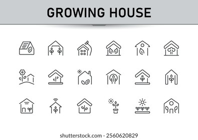 Green House icon set. Contains related to light, recycle, technology, renewable, electric and more. Pixel perfect. Vector outline icons collection.