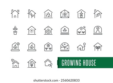 Green House icon set. Contains related to light, recycle, technology, renewable, electric and more. Pixel perfect. Vector outline icons collection.