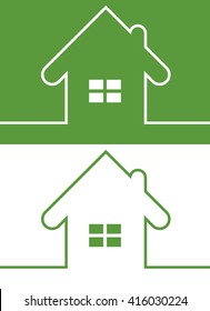 Green House Icon with Window Reversed colors. Minimal card with house design. Copy space