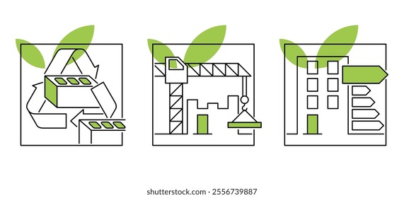 Green house icons set - recyclable materials, lean and zero-carbon construction process, energy-efficient building. Pictograms in thin line with green square background fill