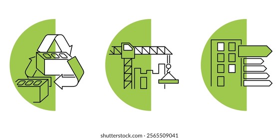 Green house icons set - recyclable materials, lean and zero-carbon construction process, energy-efficient building. Pictograms in thin line with semicircular background