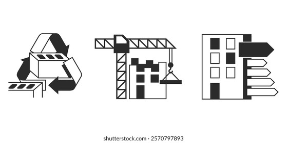 Green house icons set - recyclable materials, lean and zero-carbon construction process, energy-efficient building. Pictograms in monochrome style