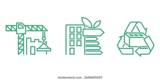 Green house icons set - recyclable materials, lean and zero-carbon construction process, energy-efficient building. Pictograms in bold line