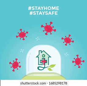 Green house inside the glass cube, take cover from viruses. and poster for stay home design vector