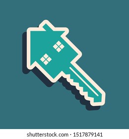 Green House with key icon isolated on blue background. The concept of the house turnkey. Long shadow style. Vector Illustration