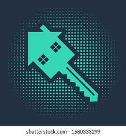 Green House with key icon isolated on blue background. The concept of the house turnkey. Abstract circle random dots. Vector Illustration