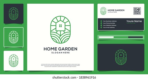 Green House Landscaping Outline Logo Design And Business Card. Organic Symbol For Environmental.