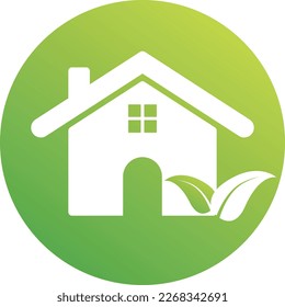 Green house and leaf icon in a circle
