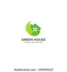 Green house with leaf vector logo design. 