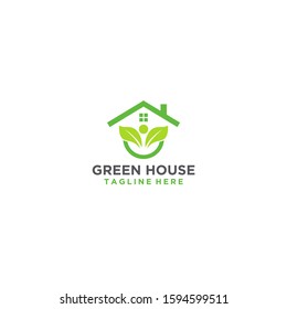 Green house with leaf vector logo design. 
