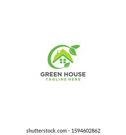 Green house with leaf vector logo design. 
